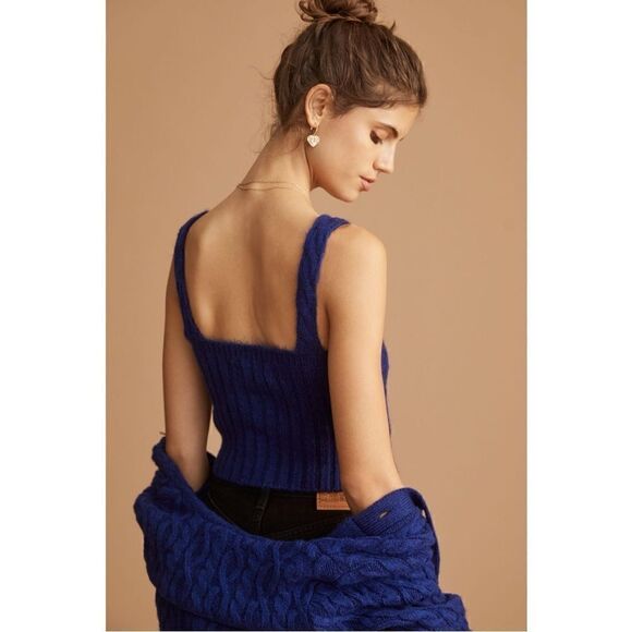 NEW Anthropologie Blue Hooded Cable-Knit Tank Top & Cardigan Sweater Set Large - Picture 3 of 6